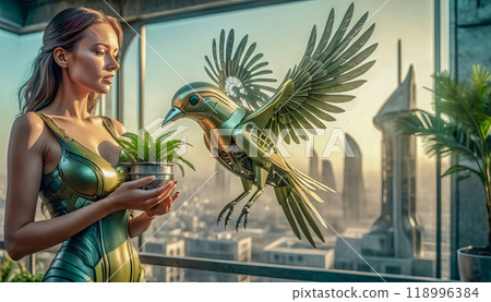 close-up of a robot bird on a girl's hand. ecology and environmental protection concept 118996384