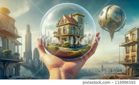 Eco-friendly modern house in female hands, concept of ecology and environmental protection 118996385