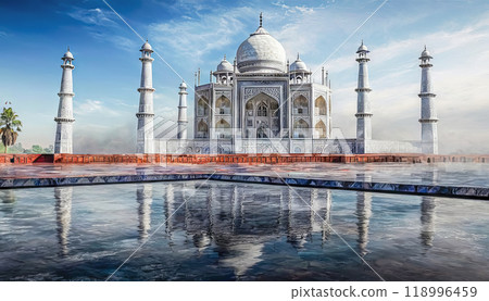 The Taj Mahal is a mausoleum-mosque located in Agra, India, on the banks of the Jamna River 118996459