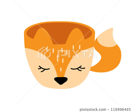 Vector Christmas hand made cup with picture fox. Design for winter holiday card, children book, web illustration 118996485