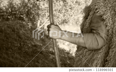 Man's hand with a wooden rod Man's hand with a wooden rod 118996501