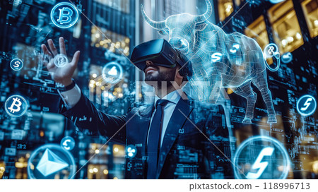 A businessman wears VR glasses while analyzing a financial stock graph, symbolizing a bullish market. The concept of innovation in financial analysis. Generative AI. 118996713