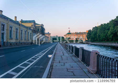 cityscape of the historical center of Saint Petersburg during white night, Fontanka River Embankment and Saint Michael's Castle in the distance 118996769