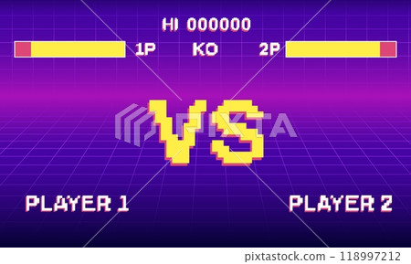 Fight retro game interface in blue style with yellow vs icon in pixel. 118997212