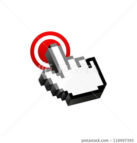 White hand cursor for computer click on red button. White hand cursor for computer click on red button. 118997393