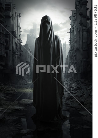 Grim reaper in black cloth standing over destroyed building in city with debris and collapsing, Generative AI 118997633
