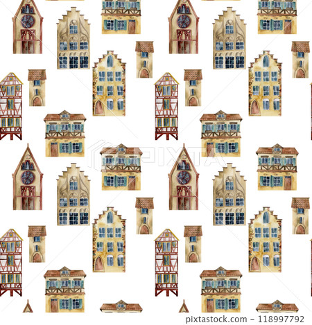 Old European city town street houses, urban exterior facades. Historical cityscape building. Watercolor hand drawn seamless pattern. Tourist shops, souvenirs, travel brochures, architectural bureau Old European city town street houses, urban exterior facades. Historical cityscape building. Watercolor hand drawn seamless pattern. Tourist shops, souvenirs, travel brochures, architectural bureau 118997792