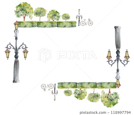 Old European city town street with lamp posts, ornamental lanterns, lined trees green hedge. Watercolor hand drawn border frame. For tourist shops, souvenirs, travel brochures, architectural bureau 118997794