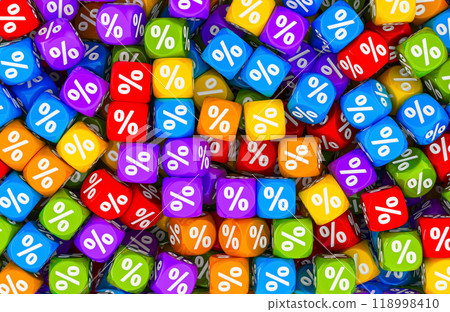 Backdrop from colored Discount Cubes, dice with percent signs. 3D rendering 118998410