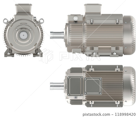 Industrial electric motor. Front, side, back views. 3D rendering Industrial electric motor. Front, side, back views. 3D rendering 118998420