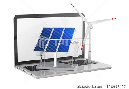Monitoring and control of solar panels and wind  turbines. Laptop with solar panels and wind turbines, 3D rendering 118998422