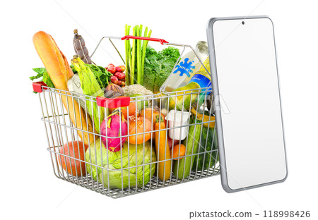 Shopping basket full of products with smartphone with white screen. Online food ordering concept, 3D rendering 118998426