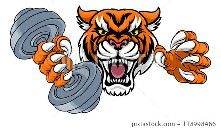 Tiger Weight Lifting Dumbbell Gym Animal Mascot 118998466