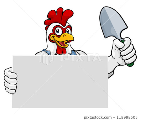 Gardener Chicken Rooster Cartoon Handyman Mascot Gardener Chicken Rooster Cartoon Handyman Mascot 118998503