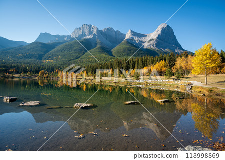 Canadian Rockies Autumn scenery in Quarry Lake, Canmore, Alberta, Canada. Yellow leaves forest, majestic mountains and blue sky reflected on the water. 118998869