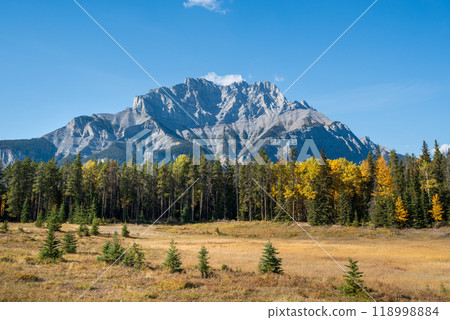 Banff National Park Cascade Mountain autumn landscape. Alberta, Canada. Majestic mountains, forests, prairie in yellow and green color against blue sky. Canadian Rockies beautiful natural scenery. Banff National Park Cascade Mountain autumn landscape. Alberta, Canada. Majestic mountains, forests, prairie in yellow and green color against blue sky. Canadian Rockies beautiful natural scenery. 118998884