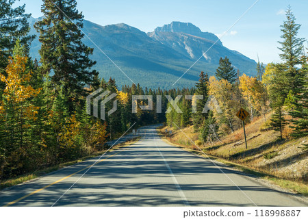 Scenic country mountain road in autumn color forest against blue sky. Bow Valley Parkway ( Highway 1A ), Banff National Park, Alberta, Canada. Canadian Rockies beautiful natural scenery. 118998887
