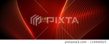 Luxury abstract red wide background with glowing golden wavy lines 118998925