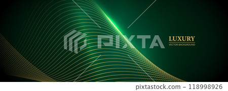 Luxury abstract dark green wide background with glowing golden wavy lines 118998926