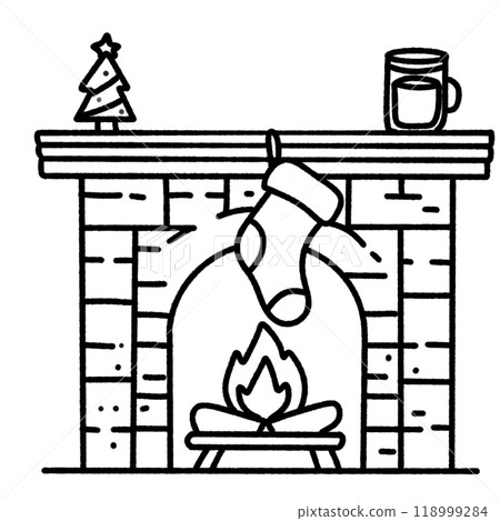 Line art doodle Hand drawn Christmas Winter graphic vector illustration isolated on white background color editable Fireplace with christmas decorations and small christmas tree, mug, stocking, fire 118999284