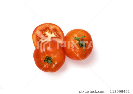 Tomatoes and a half side view. Fresh juicy red Tomato on white background. 118999461