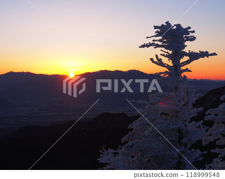 Ice-covered trees and the sunrise seen from Mount Tengu in the Yatsugatake Mountains in winter Ice-covered trees and the sunrise seen from Mount Tengu in the Yatsugatake Mountains in winter 118999548