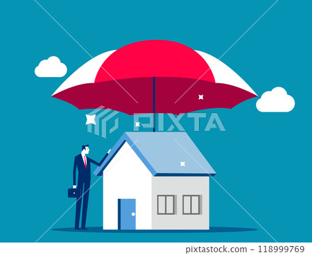 Home disaster insurance coverage or safety or shield for residential building, young man house owner with his house under strong cover umbrella. House insurance concept 118999769