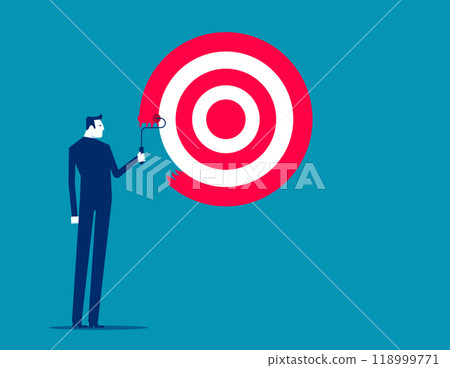 Purpose, set business goal or target, KPI, key performance indicator or set objective, ambitious businessman on ladder using paint roller to paint big dartboard, archery target. Achievement concept Purpose, set business goal or target, KPI, key performance indicator or set objective, ambitious businessman on ladder using paint roller to paint big dartboard, archery target. Achievement concept 118999771