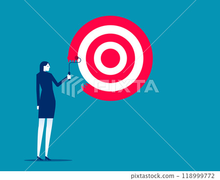 Purpose, set business goal or target, KPI, key performance indicator or set objective, ambitious businessman on ladder using paint roller to paint big dartboard, archery target. Achievement concept 118999772