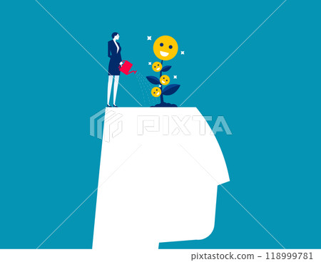 Wellbeing, happiness or positive attitude, relaxation to reduce anxiety increasing positive emotion, man watering brain growing happy smiling face seedling plant. Feeling or mental wellbeing concept 118999781