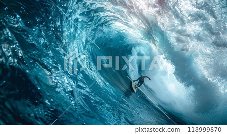Surfer on wave. Surfboard in water storm. Surfing man on board in tsunami. Blue tropical ocean or sea splash. Surfboarding relax. Extreme sport and travel 118999870