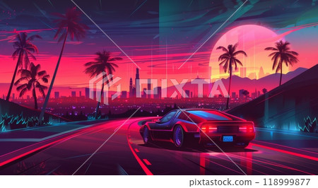 Vaporwave car, holographic 80s sun and sky. Retrowave neon miami with tropical gradient road. Retro violet cyberpunk palm. Nature shine landscape poster. Pink summer glow drive 118999877