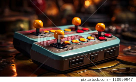 Old stylish vintage retro game console with video game joystick poster from 80s 90s 118999947
