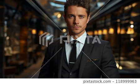 Handsome male businessman in a classic suit with a tie in the office. White collar office worker concept 118999963
