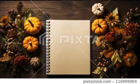 Orange pumpkins lie on a wooden table and a blank notepad with space for text for the holiday Halloween flat lay 118999969