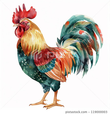 Vector watercolor painting of standing rooster isolated on white background, clipart for drawing, vector illustration, logo design. 119000003