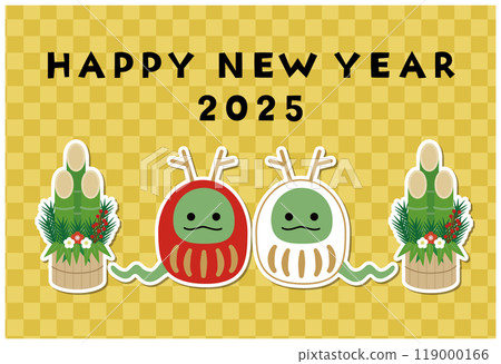 New Year's card with a snake daruma and kadomatsu, with a gold checkered background (2025) New Year's card with a snake daruma and kadomatsu, with a gold checkered background (2025) 119000166
