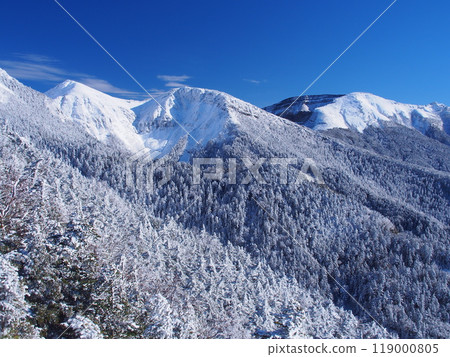 Winter views of Mt. Io and Mt. Neishi from the west ridge of Mt. Tengu in the Yatsugatake Mountains 119000805