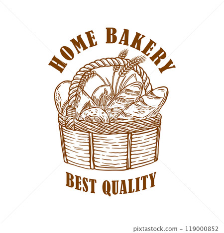 Hand drawn illustration of bakery basket with bread. Design element for poster, card, banner, emblem, sign. Vector illustration Hand drawn illustration of bakery basket with bread. Design element for poster, card, banner, emblem, sign. Vector illustration 119000852