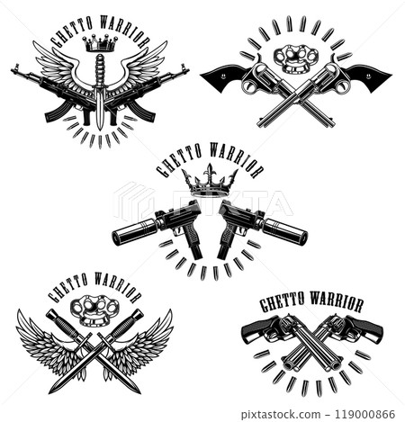 Set of vintage emblems with weapon, gun, revolver, knife. Design elements for logo, label, sign, t shirt. Vector illustration Set of vintage emblems with weapon, gun, revolver, knife. Design elements for logo, label, sign, t shirt. Vector illustration 119000866