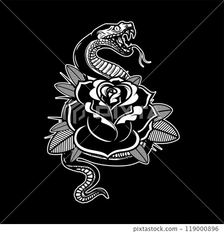 Snake on the background with roses. Design element for poster, t shirt, card, banner. Vector illustration 119000896