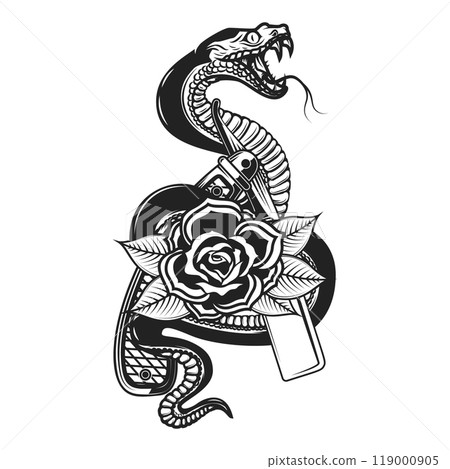 Illustration of the snake, barbers razor and roses. Design element for poster, t shirt, card, banner. Vector illustration Illustration of the snake, barbers razor and roses. Design element for poster, t shirt, card, banner. Vector illustration 119000905