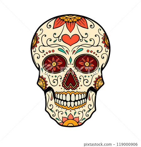 Illustration of mexican sugar skull. Design element for emblem, sign, poster, package design. Vector illustration Illustration of mexican sugar skull. Design element for emblem, sign, poster, package design. Vector illustration 119000906