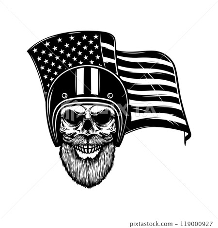Racer skull on usa flag background. Biker skull. Design element for poster, card, banner, sign. Vector illustration 119000927