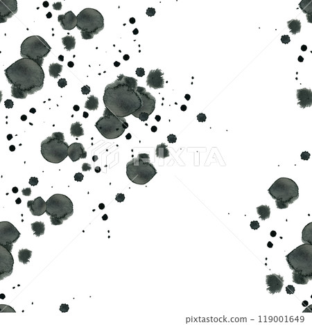 Ink stains, watercolor translucent stains of black and gray. Watercolor seamless pattern. All objects are hand-drawn with watercolor on a white background. For printing on fabric, paper, scrapbooking. 119001649