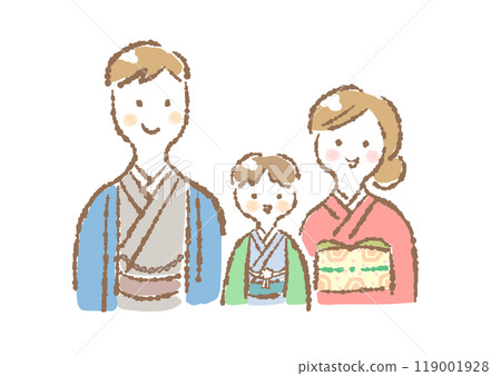Illustration of three family members wearing kimonos (Shichi-Go-San, 5 years old/New Year) 119001928