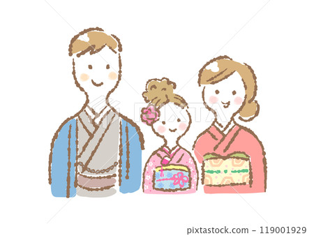 Illustration of three family members wearing kimonos (Shichi-Go-San, 7 years old/New Year) Illustration of three family members wearing kimonos (Shichi-Go-San, 7 years old/New Year) 119001929