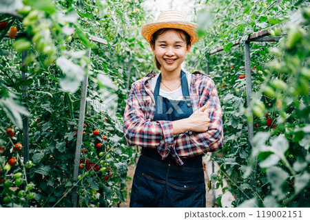 A portrait of a successful farm owner with crossed arms amidst ripe green tomatoes. Demonstrating expertise, happiness, and engagement in vegetable gardening and farm business. 119002151
