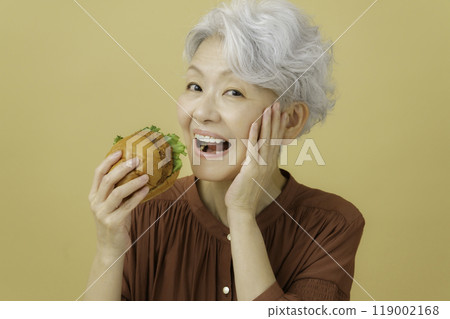拿著炸肉排漢堡的灰髮高級婦女 拿著炸肉排漢堡的灰髮高級婦女 119002168