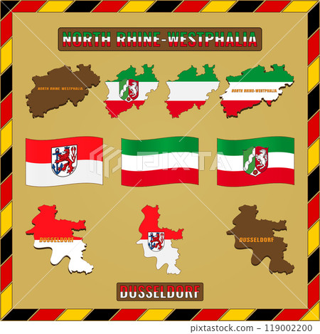 Set of flags, coats of arms and outlines of NORTH RHINE-WESTPHALIA and Dusseldorf. Vector illustration Set of flags, coats of arms and outlines of NORTH RHINE-WESTPHALIA and Dusseldorf. Vector illustration 119002200
